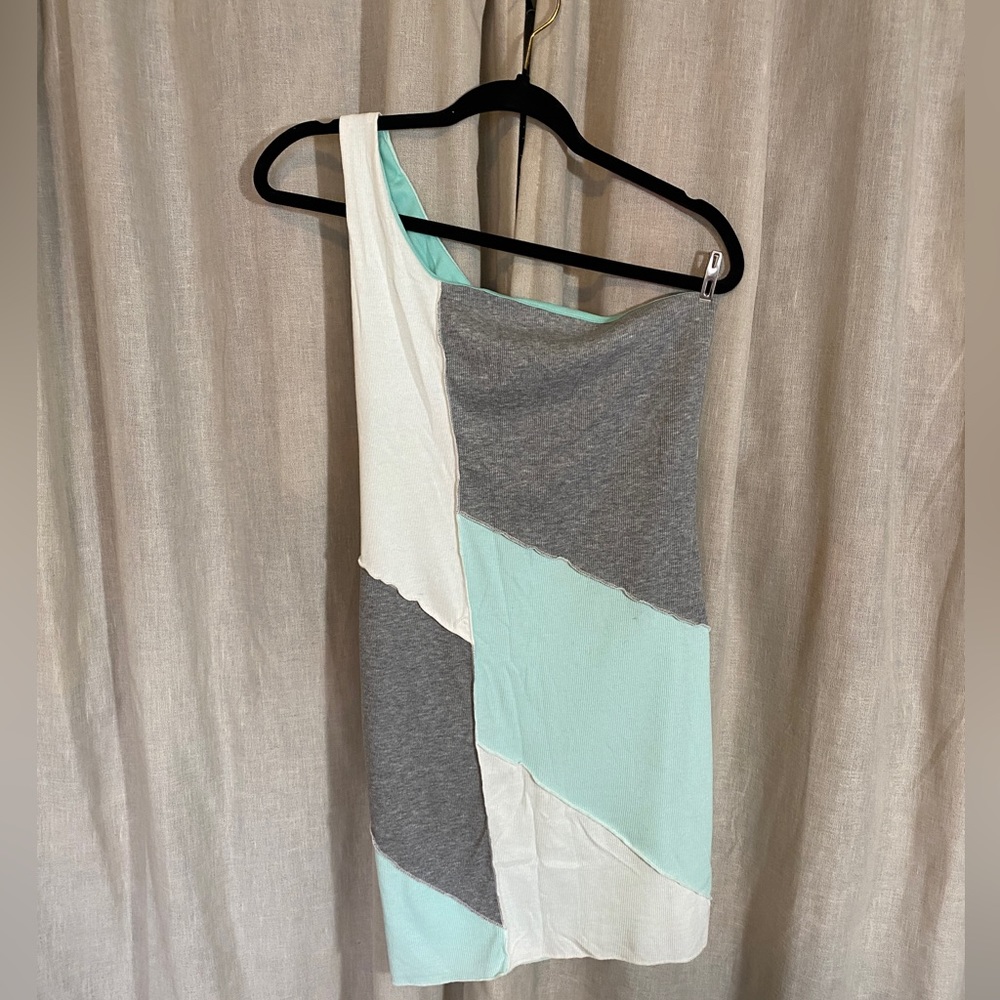 Mint Patchwork one shoulder dress